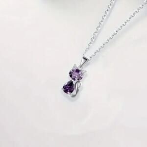 925 Sterling Silver Necklace w/ Cat Kitten Purple Synthetic Amethyst Pendant NEW